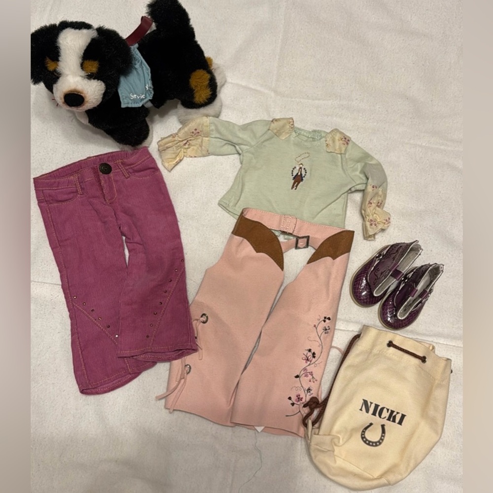 American Girl Nicki’s outfit, chaps, boots and dog